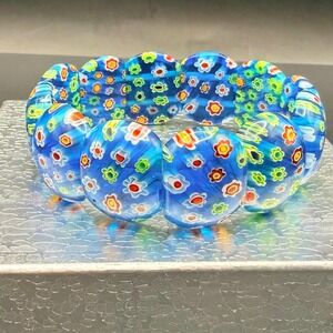 Millefiori Glass Stretch Bracelet Blue Floral Beads Vivid Colors 7" Caned Glass